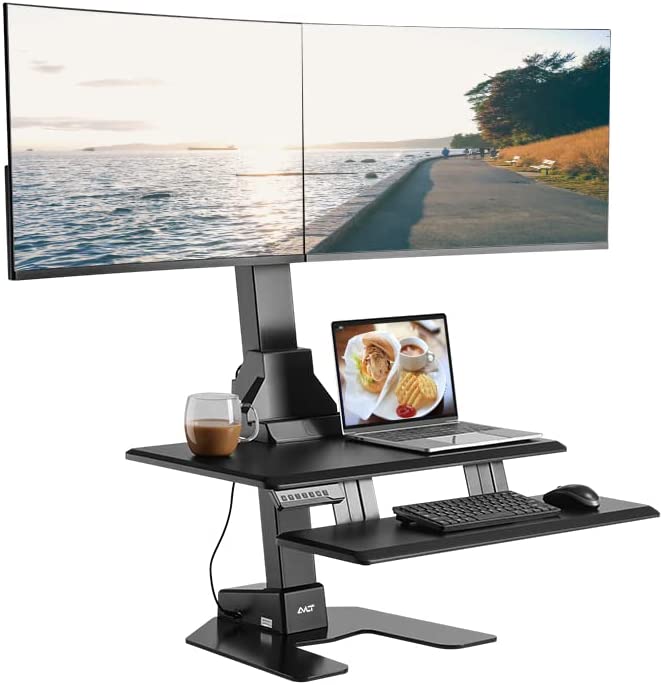  AVLT Dual 32" Monitor Electric Standing Desk Converter with Huge Keyboard