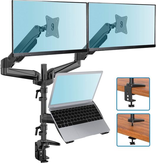 HUANUO Monitor and Laptop Mount, Gas Spring Dual Monitor Stand with Laptop Tray Fit Two 13 to 27 Inch Flat Curved Computer Screens